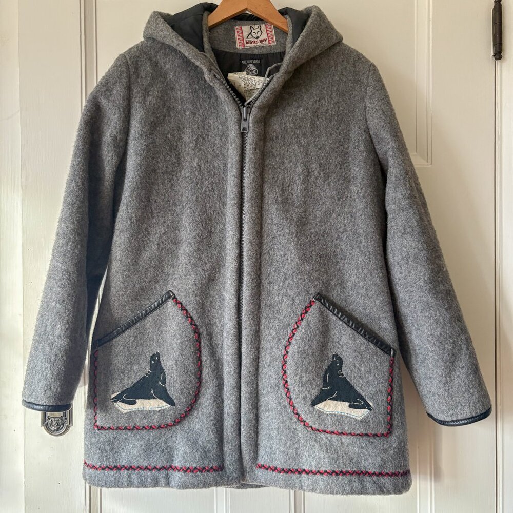 Vintage James Bay Inuit Wool Coat, Pure Virgin Wool Hooded Jacket, Hand-Appliqué